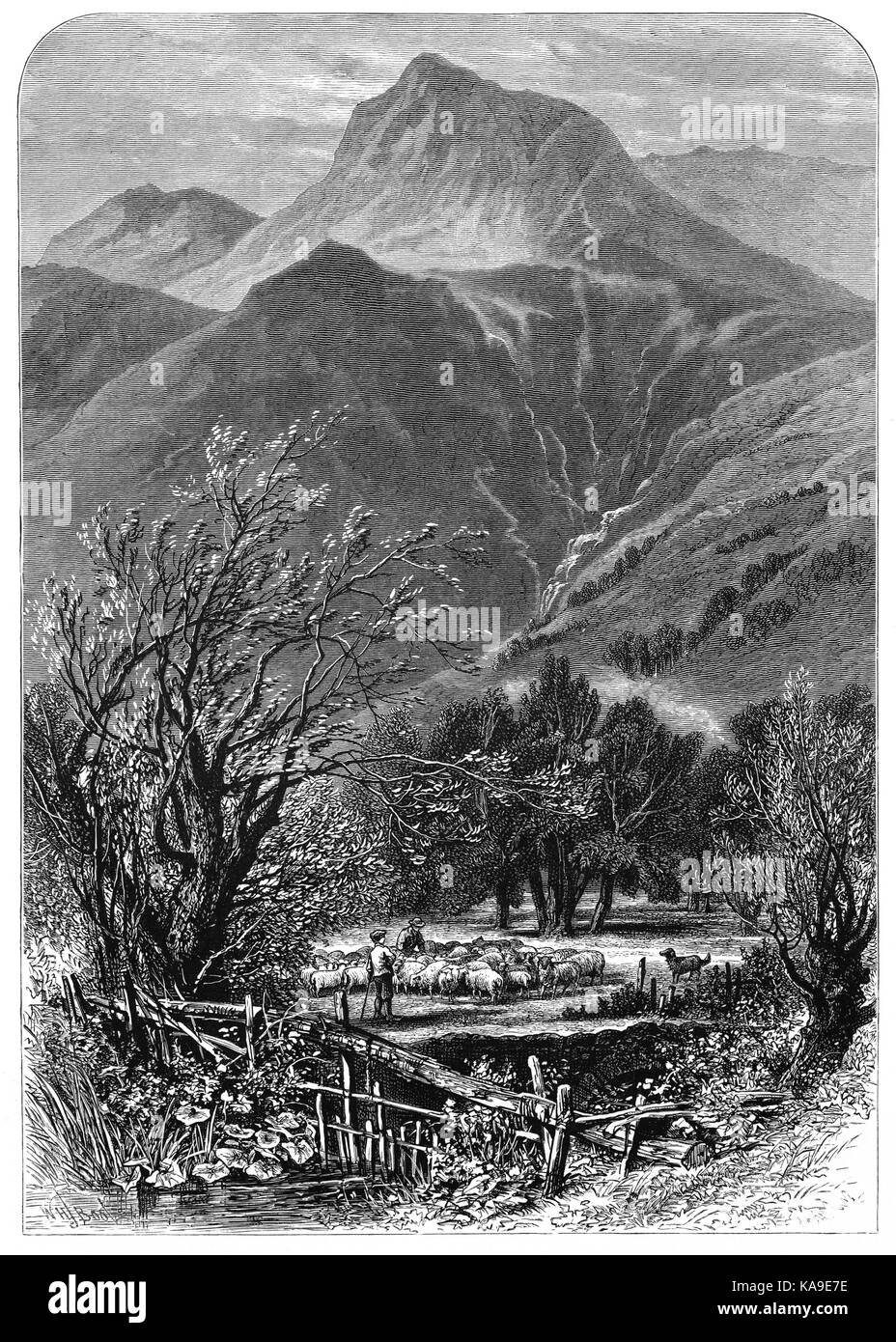 1870:pastore ed un gregge di pecore sotto Langdale Pikes, un gruppo di picchi nella grande Langdale Valley, nel distretto del lago, Cumbria, Inghilterra Foto Stock