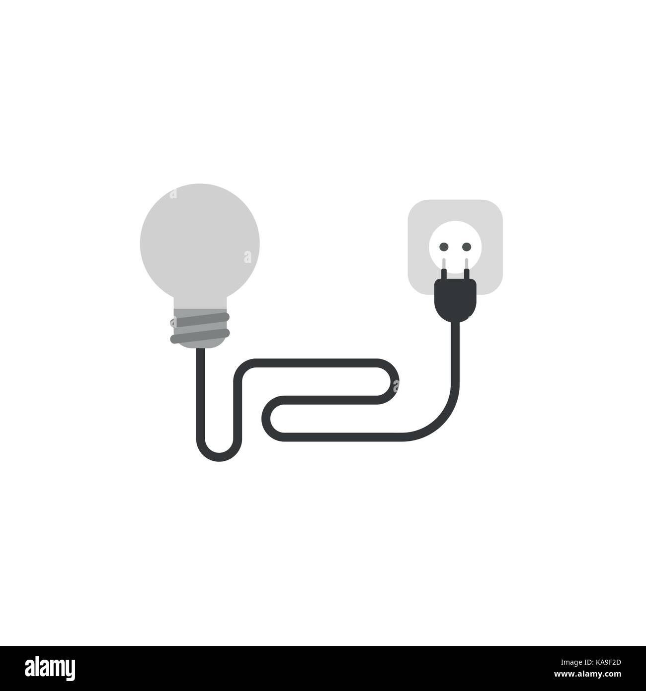 Design piatto stile illustrazione vettoriale nozione di grigio lampadina con filo nero spina elettrica e presa su sfondo bianco. Illustrazione Vettoriale