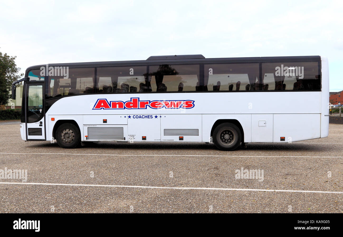 Andrews allenatori, pullman, gite di un giorno, viaggio, escursione, escursioni, vacanza, vacanze, viaggi Company, società, autobus, trasporto, England, Regno Unito Foto Stock