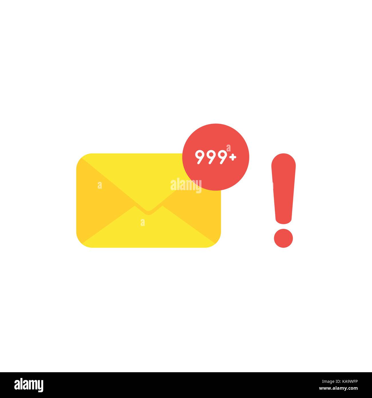 Design piatto stile illustrazione vettoriale nozione di giallo busta chiusa e-mail icona simbolo e il lotto di junk email spam con punto esclamativo rosso su bianco Illustrazione Vettoriale