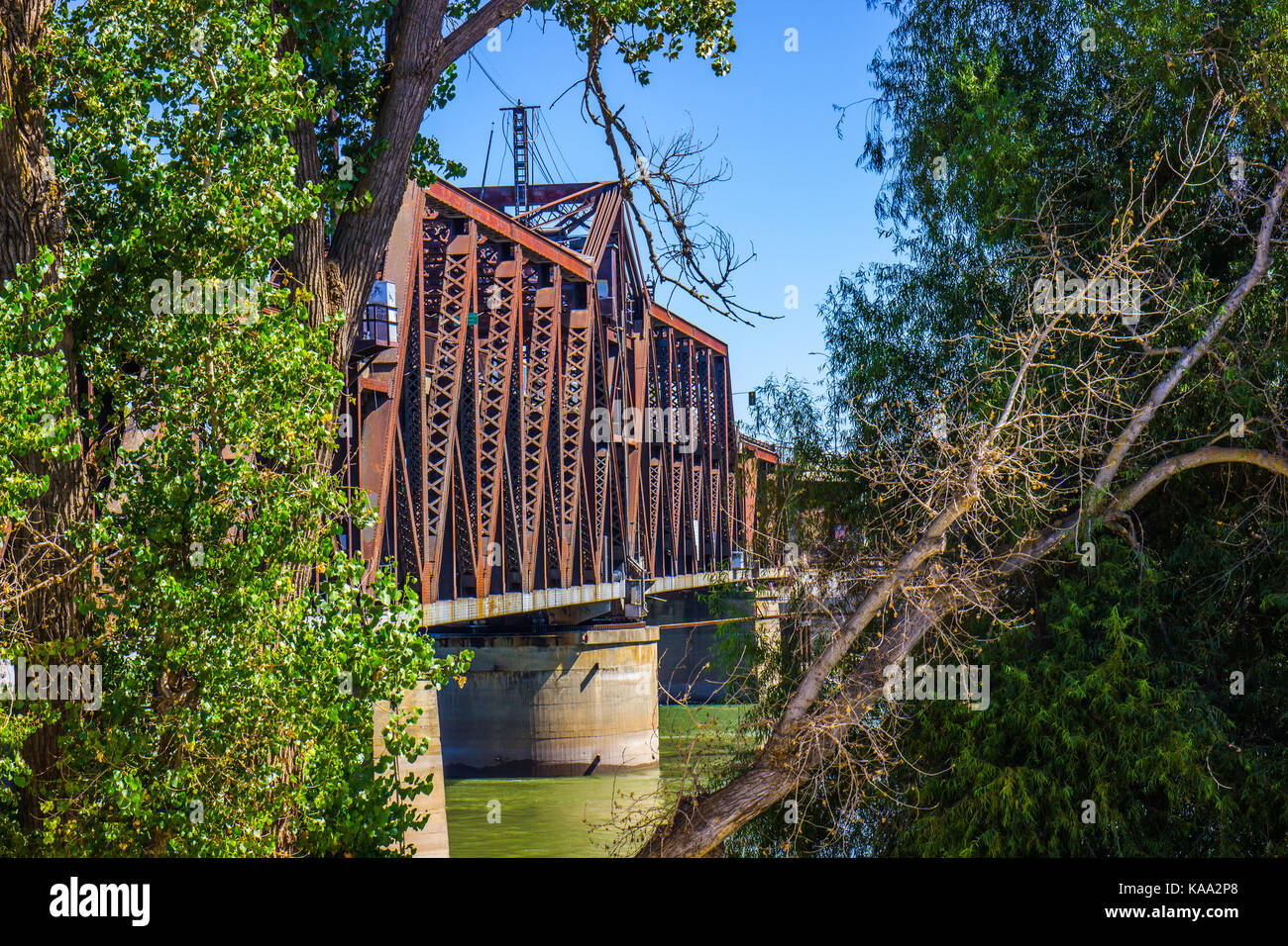 Vecchio arrugginito ponte di ferro tra gli alberi Foto Stock