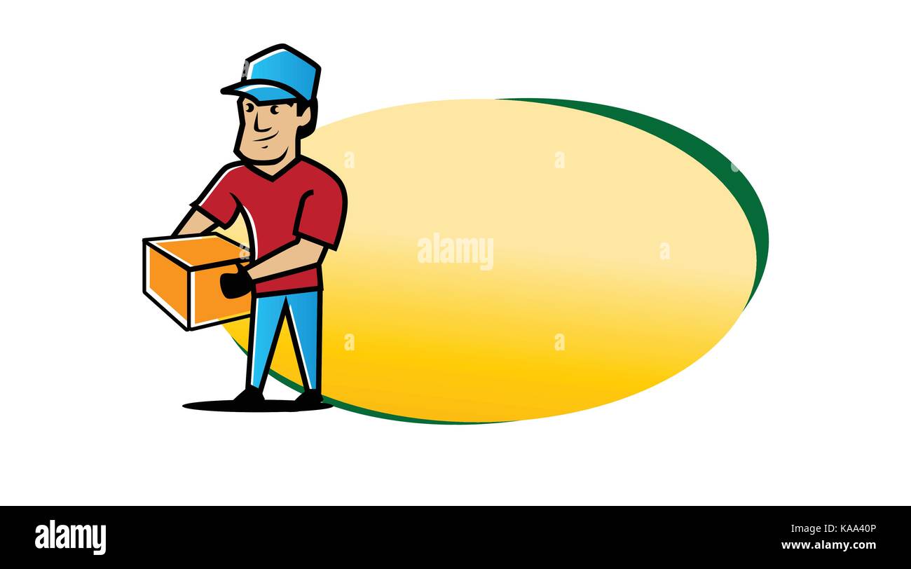 Rimozione del logo aziendale, rimozione indesiderata illustrazione, uomo detiene il box illustrazione di uno sbozzato di forma ovale, distacco company banner, character design, isolata su whi Illustrazione Vettoriale