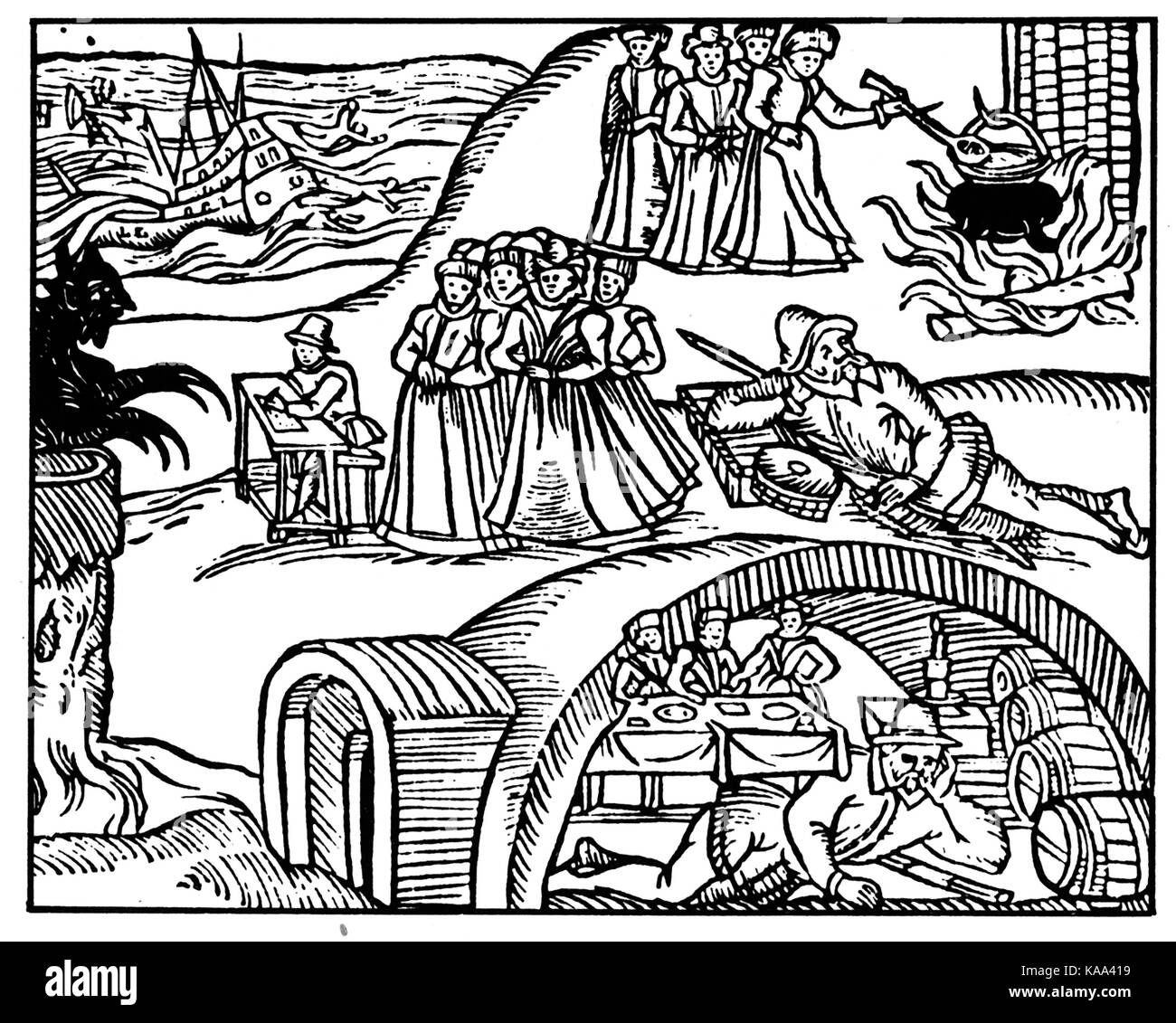 NORTH BEWICK STREGA PROVE 1590. Woodcut dal pamphlet del 1591 'Newes from Scotland' che descrive le prove. Incorporated in Re James libro Demonologie pubblicato nel 1597 Foto Stock