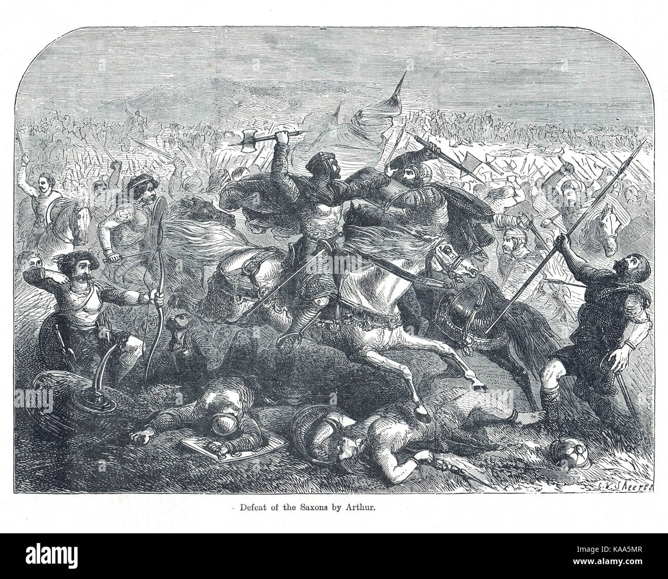 La sconfitta dei Sassoni, guidati da re Artù, Battaglia di Badon Foto Stock