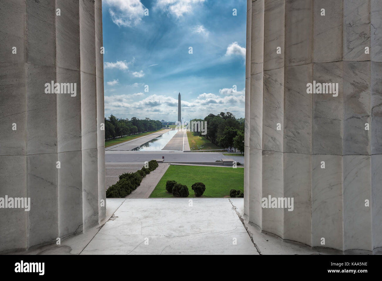 Washington dc città vista dal Lincoln Memorial per il Monumento a Washington e il Capitol Building. Foto Stock