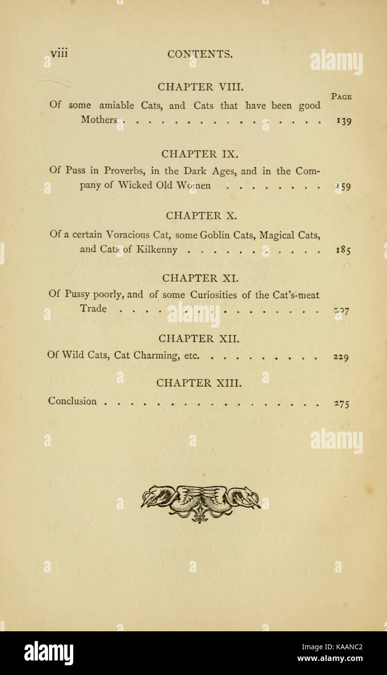Il "Libro dei gatti" è un'opera illustrata, probabilmente caratterizzata da varie razze di gatti, le loro caratteristiche e il loro significato culturale. L'immagine mostra una copertina o una pagina vintage di questo libro storico. Foto Stock