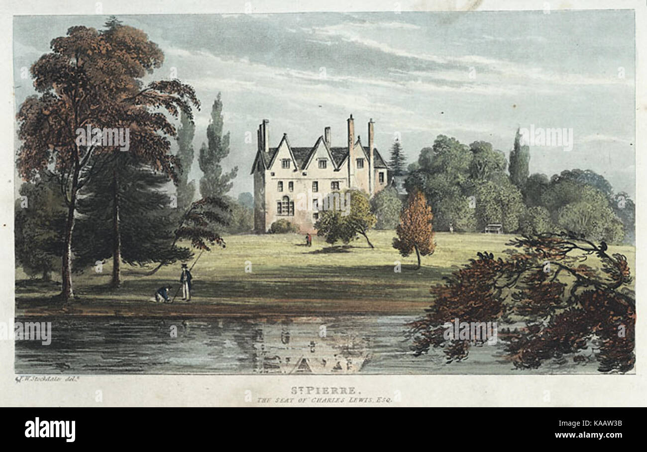 Questo titolo si riferisce probabilmente a una proprietà o sede chiamata St. Pierre, associata a Charles Lewis Esq., una figura storica la cui connessione con il sito aggiunge significato al luogo. Foto Stock