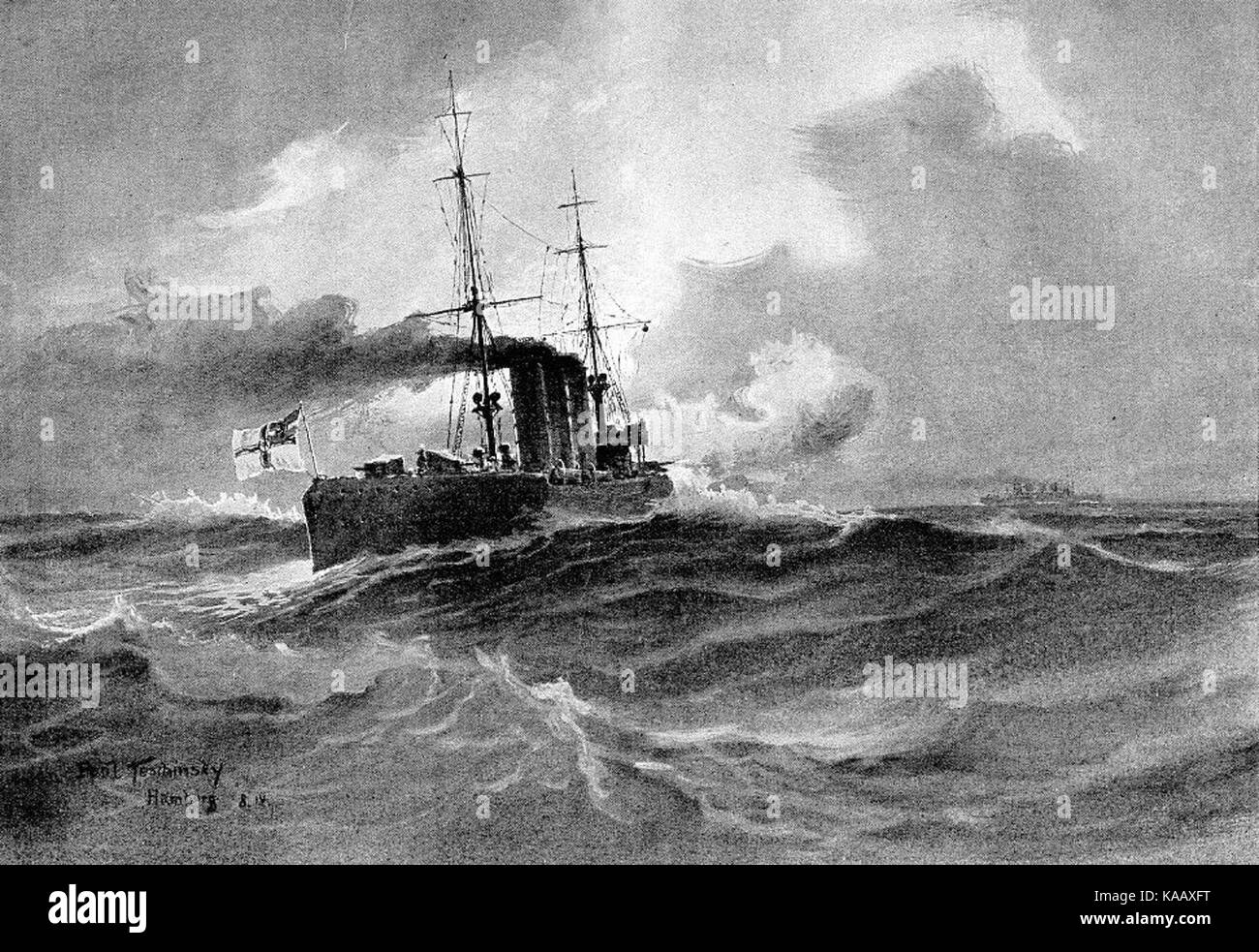 SMS DRESDEN jagt den englischen Riesendampfer Mauritania. Zeichnung von Paolo Teschinsky, Agosto 1914 Foto Stock