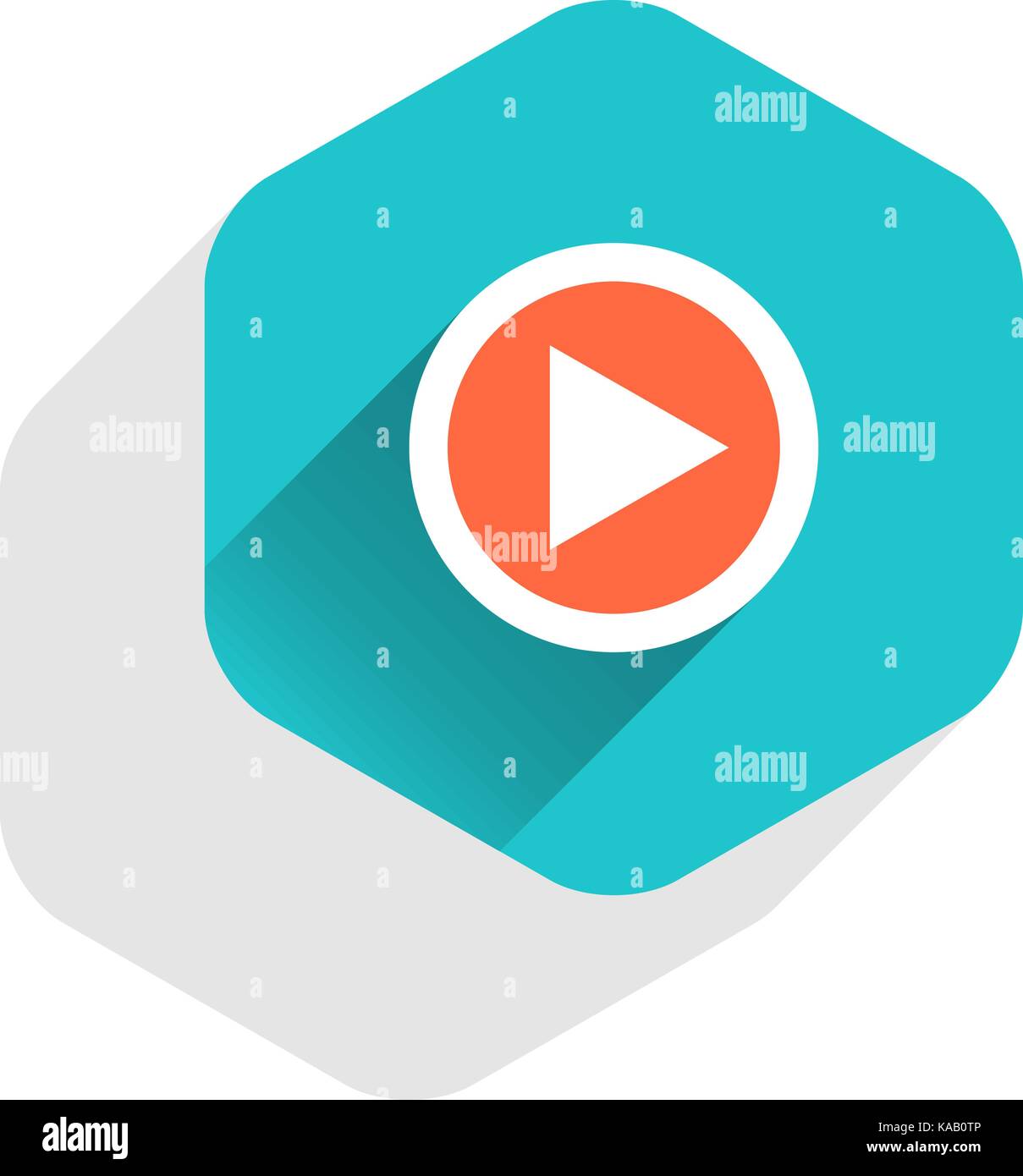 Segno di freccia icona Riproduci in forma esagonale. multimediali audio video movie pulsante di interfaccia in flat lunga ombra stile. Illustrazione Vettoriale
