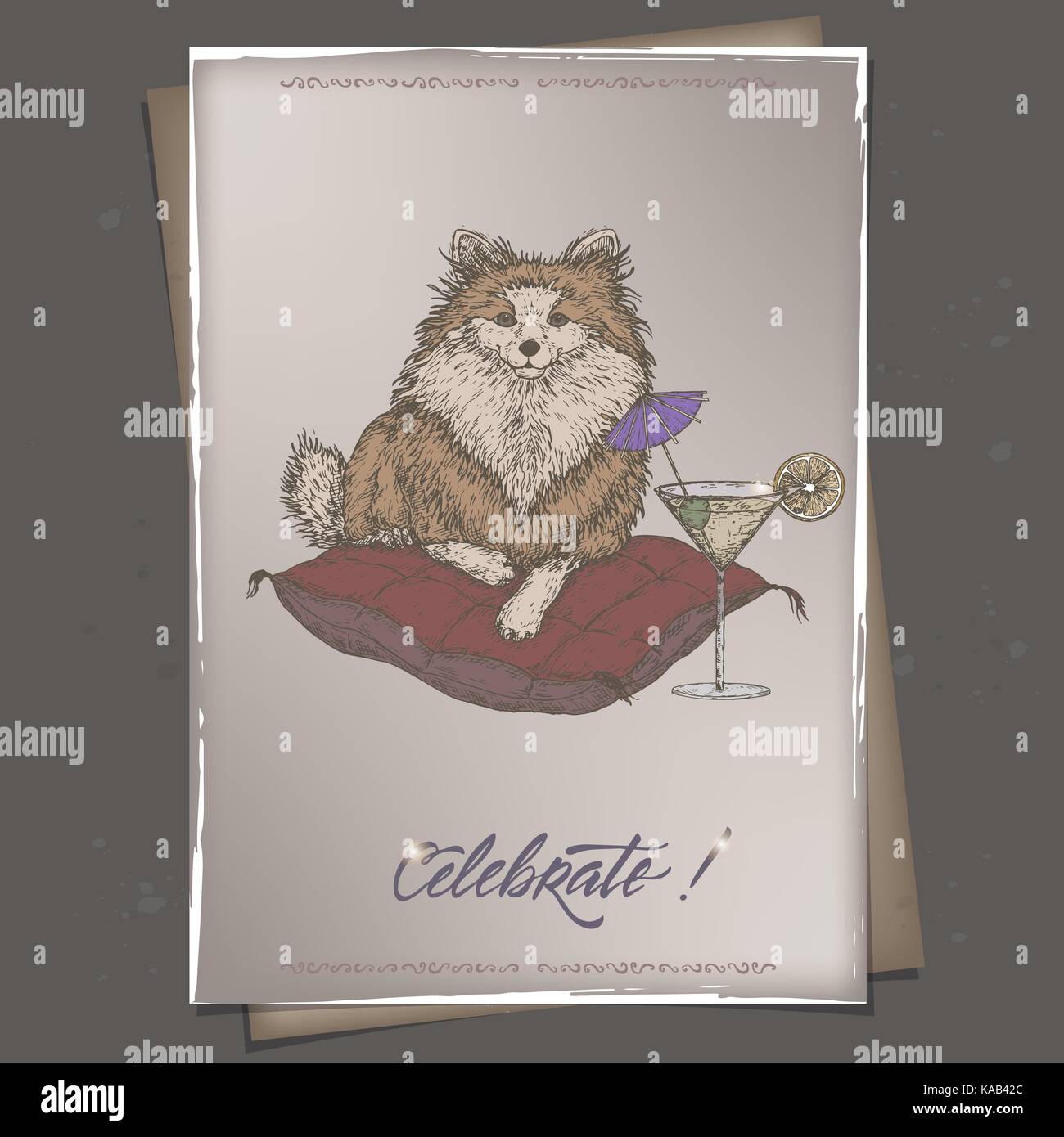 Romantico Colore Vintage Biglietto Di Auguri Di Compleanno Template Con La Calligrafia Cane Su Un Cuscino Ed Un Bicchiere Da Cocktail Sketch Immagine E Vettoriale Alamy