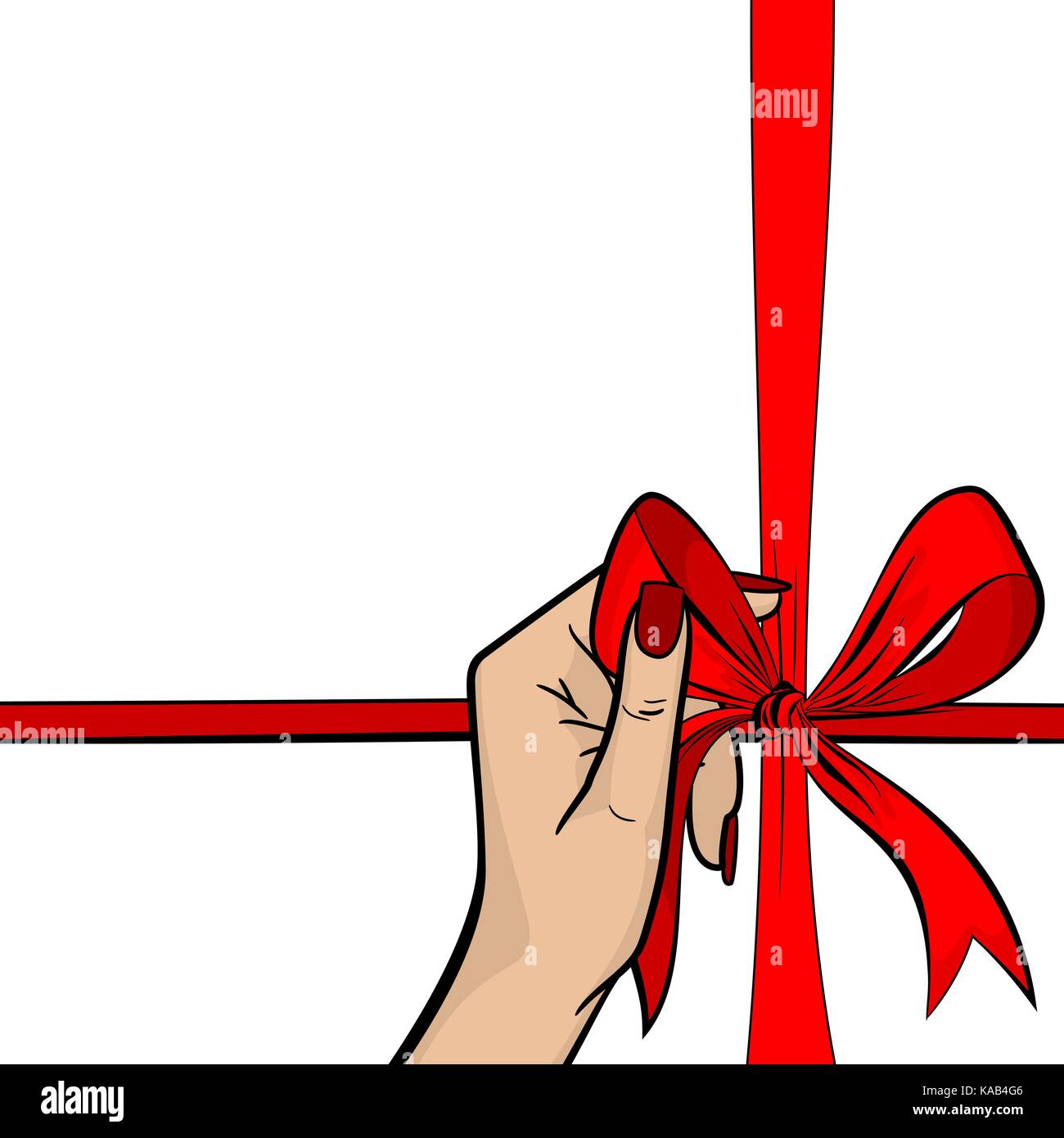 La Pop art donna tenere in mano un nastro rosso scatola regalo di compleanno per le vacanze di Natale. Fumetto vettore schizzo di mezzitoni illustrazione. Vintage retrò partito wow carto Illustrazione Vettoriale