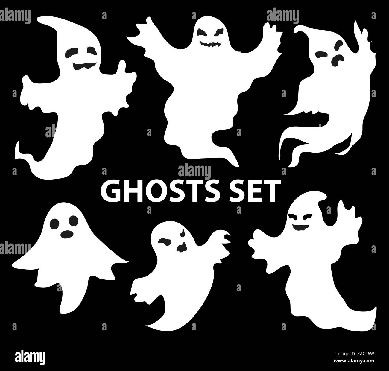 Fantasmi scary impostato, di tipo piatto. isolata su uno sfondo nero. concetto di halloween. raccolta di spiriti morti. illustrazione vettoriale. Illustrazione Vettoriale
