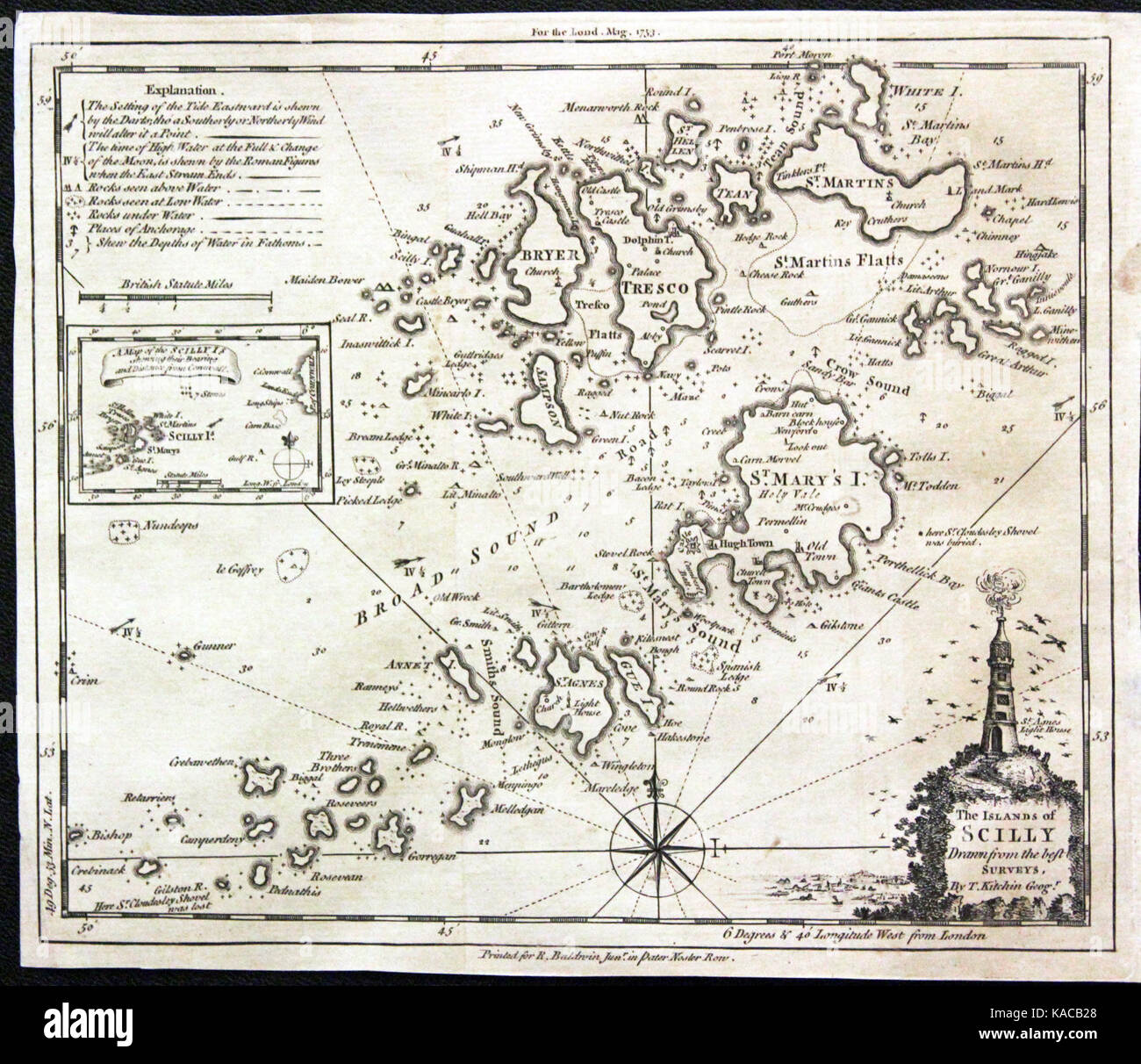 Questa mappa di Thomas Kitchin, datata 1753, raffigura le Isole Scilly, mostrando la geografia e le caratteristiche di questo arcipelago al largo della costa della Cornovaglia. Foto Stock
