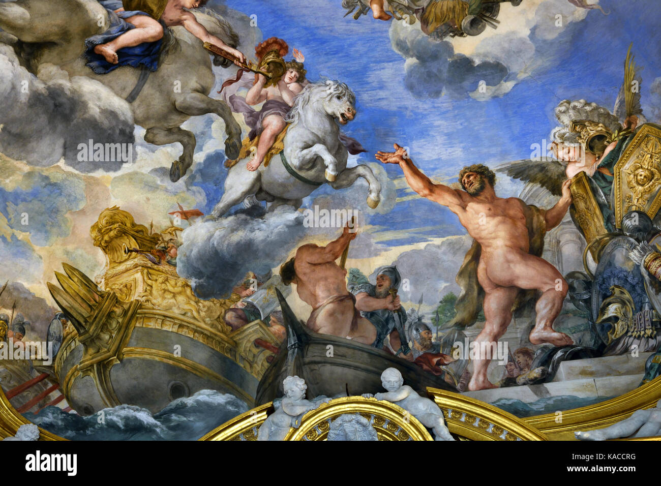 Sala di Marte in Palazzo Pitti Firenze Italia di Pietro da Cortona 1596/7 - 1669 era un barocco italiano pittore e architetto.( Nell antica religione romana e del mito, Marte era il dio della guerra custode agricoli ) Custode di soldati e di agricoltori, il dio della guerra, distruzione e mascolinità. Foto Stock