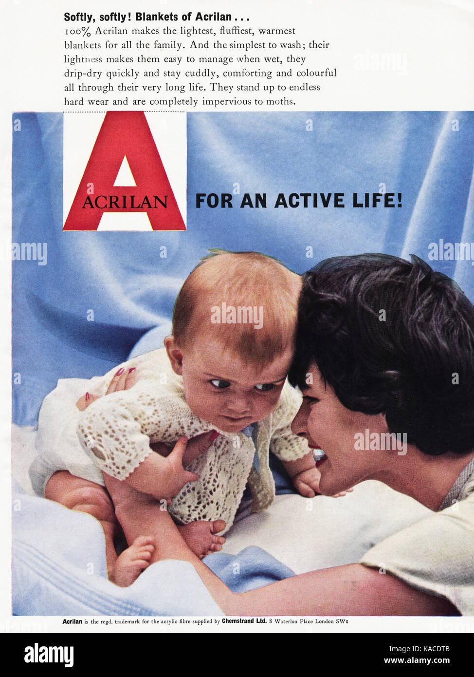 Anni Cinquanta vecchio vintage originale rivista britannica pubblicità pubblicità acrilan coperte datata 1958 Foto Stock