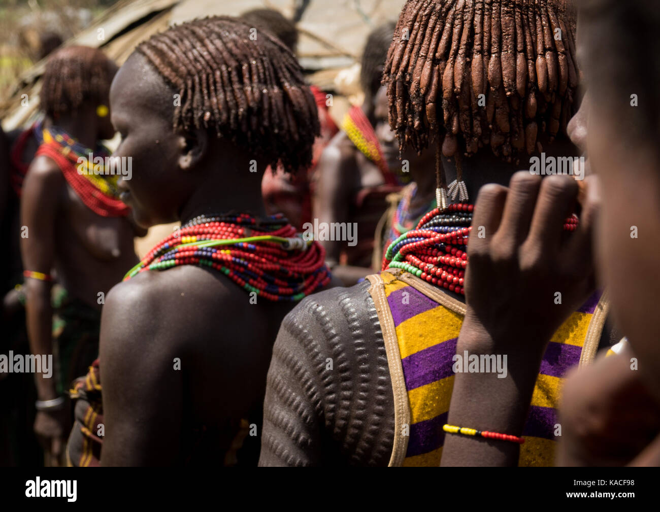 Le ragazze che frequentano Dassanech orgoglioso Ox celebrazione, Salheng,Turkana County, Omorate, Etiopia Foto Stock