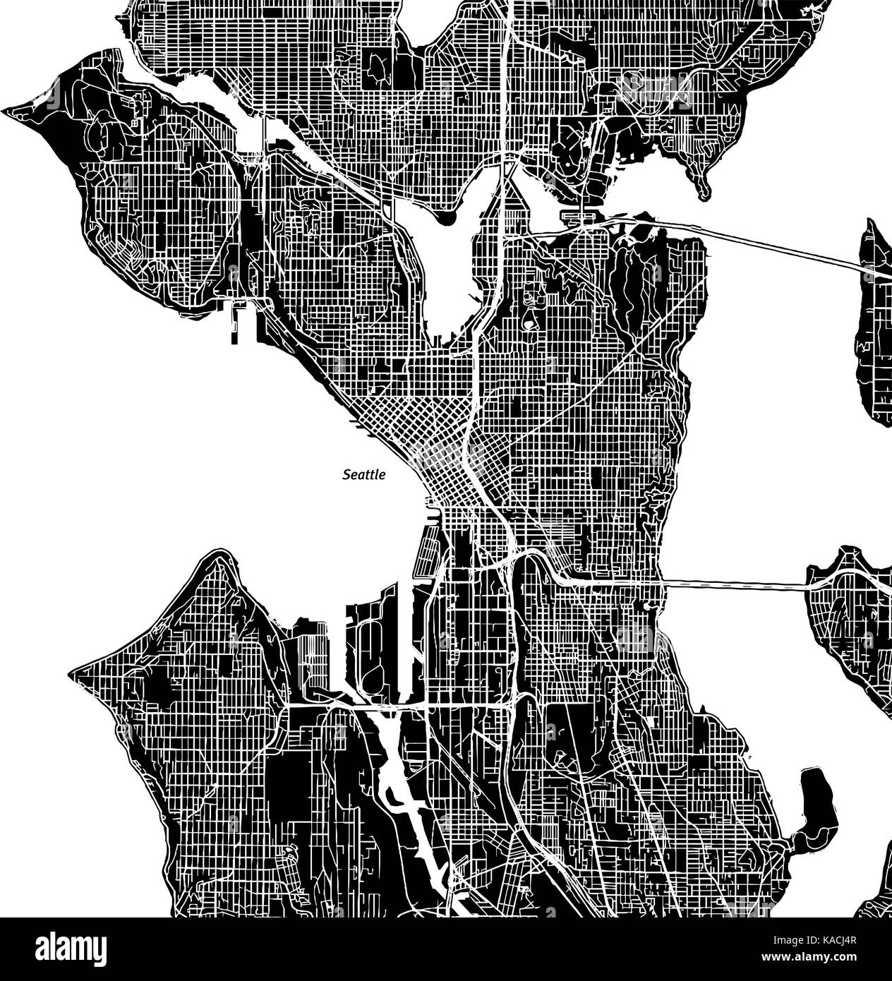 Seattle, Washington. downtown mappa vettoriale. Il nome della città su uno strato separato. art stampa modello. in bianco e nero. Illustrazione Vettoriale