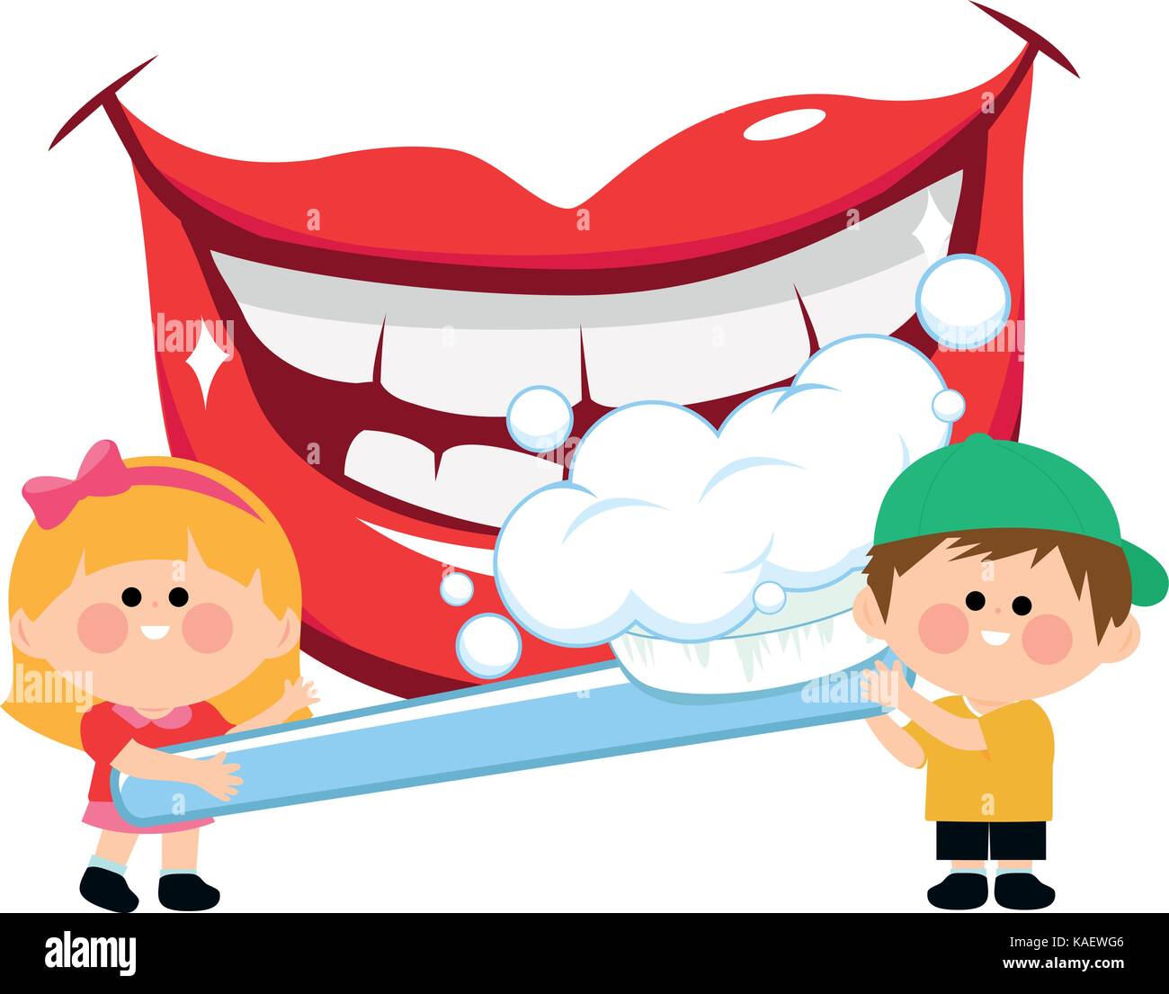 Bocca sorridente, kids tenendo uno spazzolino da denti e la spazzolatura dei denti. Illustrazione Vettoriale