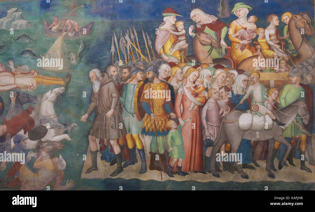 Il faraone e i suoi soldati sono annegati attraversando il mar rosso, dal vecchio testamento da un ciclo di Bartolo di Fredi, affresco nella collegiata di san gimignano Foto Stock