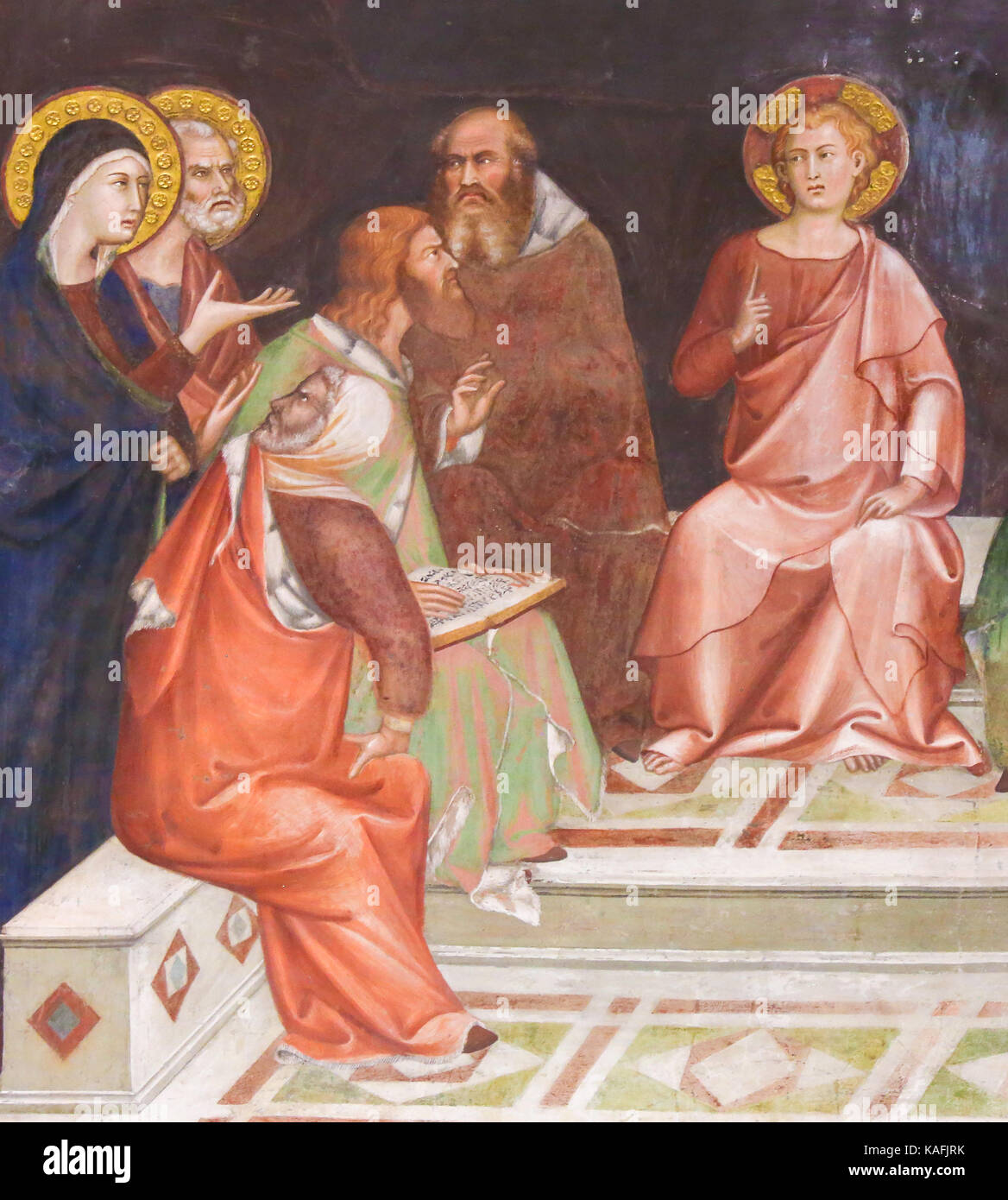 Renaissance affresco raffigurante Gesù Cristo come un ragazzo tra i dottori del Tempio di Gerusalemme, nella collegiata di san gimignano, Italia. Foto Stock