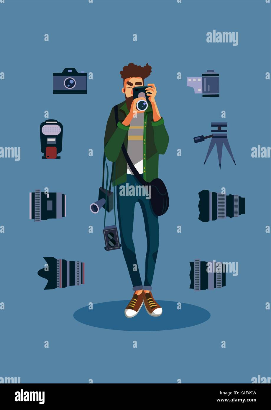 Giovane maschio fotografo con molte apparecchiature fotografiche Illustrazione Vettoriale