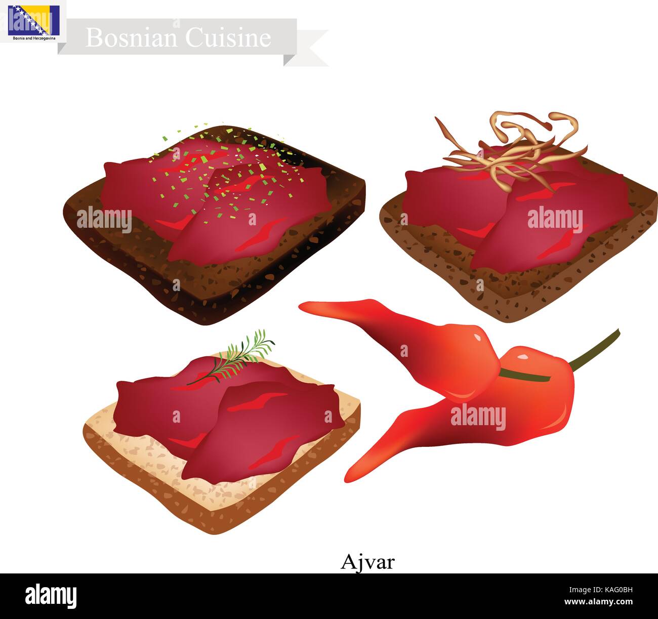 Cucina bosniaca, illustrazione di ajvar o diffusione tradizionale salsa di peperoni rossi, melanzana e aglio. Uno dei più famosi piatto in bosni Illustrazione Vettoriale