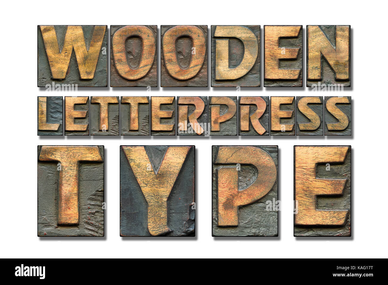 La stampa tipografica in legno tipo frase isolato su bianco Foto Stock