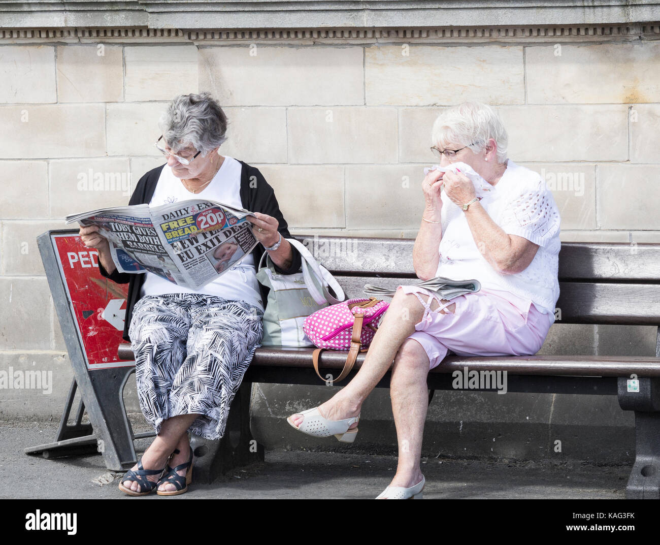 Donna anziana la lettura del Daily Express con brexit articolo sul coperchio. Inghilterra. Regno Unito Foto Stock