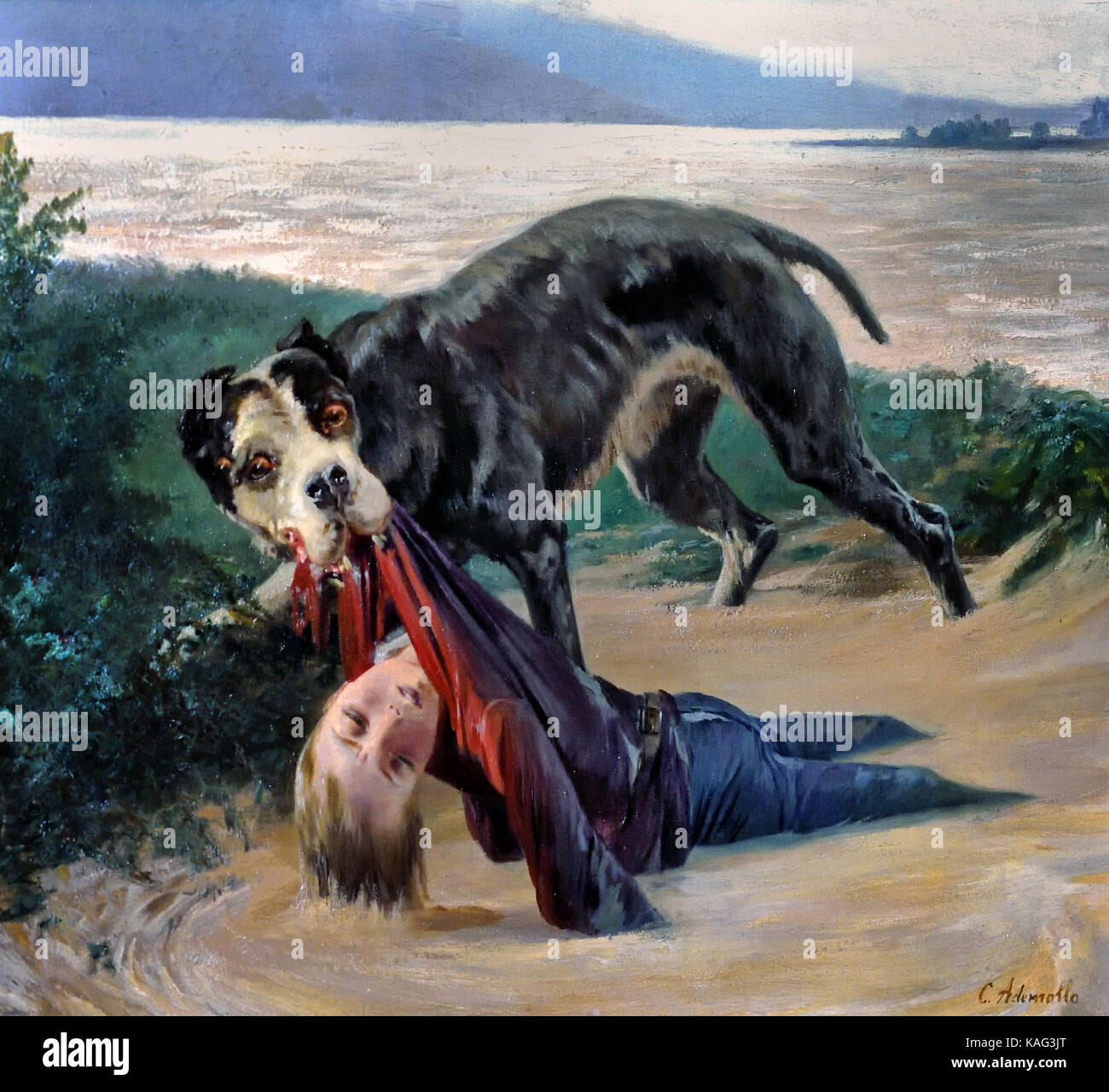 La canna da zucchero che Salva onu Bambino Emplonese dalle acque dell'Arno - Cane che salva un bambino Emplon dal Arnoes 1867 Carlo Ademollo 1824 - 1911 Italia Italiano . Foto Stock