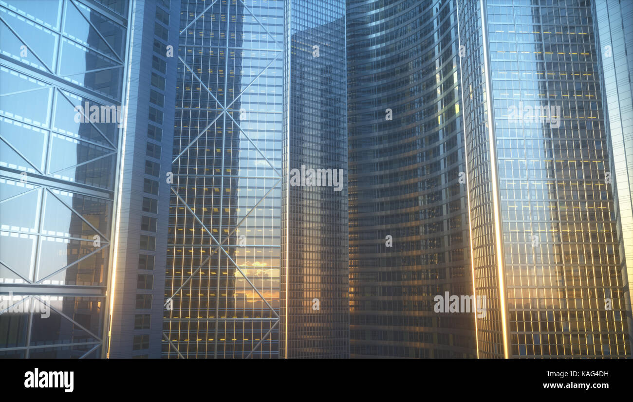 3D'illustrazione. Immagine concettuale per essere utilizzate come sfondo. Facciata degli edifici che rappresenta l'architettura o gli uffici del mondo degli affari. Foto Stock