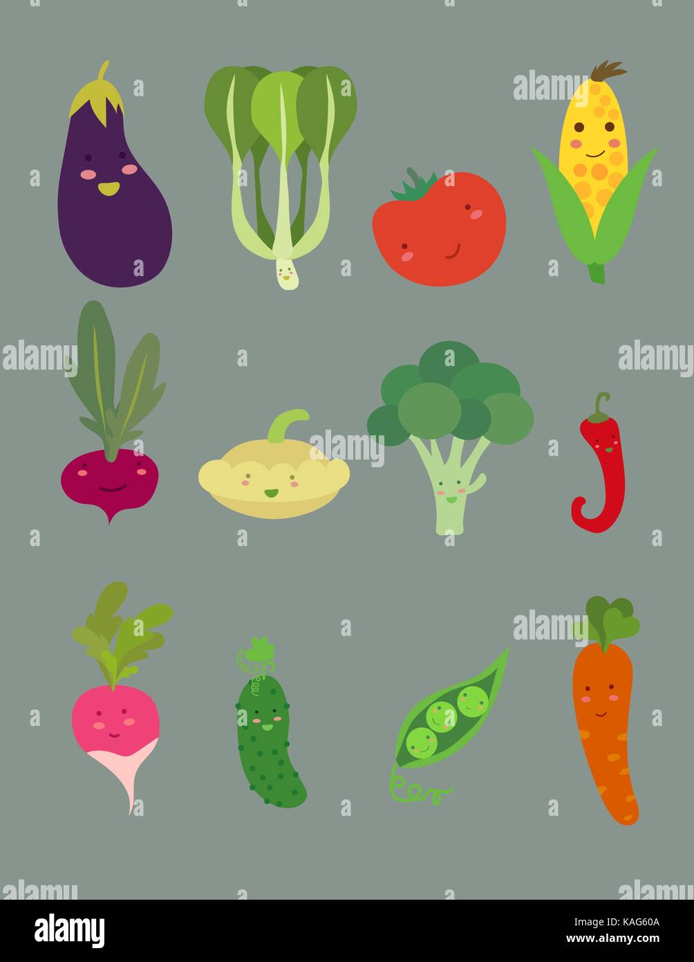 Cartoon carino verdure isolato su sfondo grigio. divertenti facce vegetali. Illustrazione Vettoriale