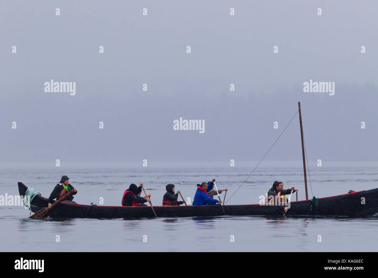 Primi Popoli indigeni in guerra canoa kayak verso swanson isola in segno di protesta contro la fishfarms, British Columbia, Canada. Foto Stock
