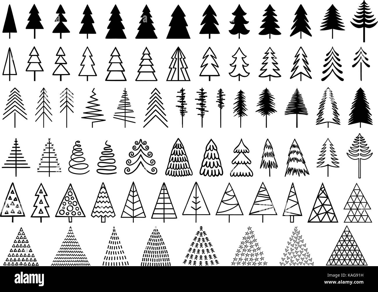 72 alberi di Natale per il moderno, minimalista, carte, set di vettore di elementi di design Illustrazione Vettoriale