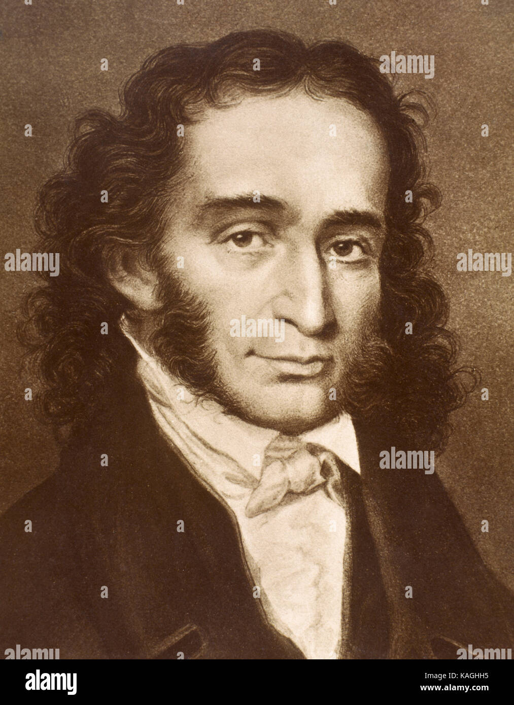 Niccolò Paganini (1782-1840). Il violinista italiano, suonatore di viola, il chitarrista e compositore. Ritratto. Incisione. Foto Stock