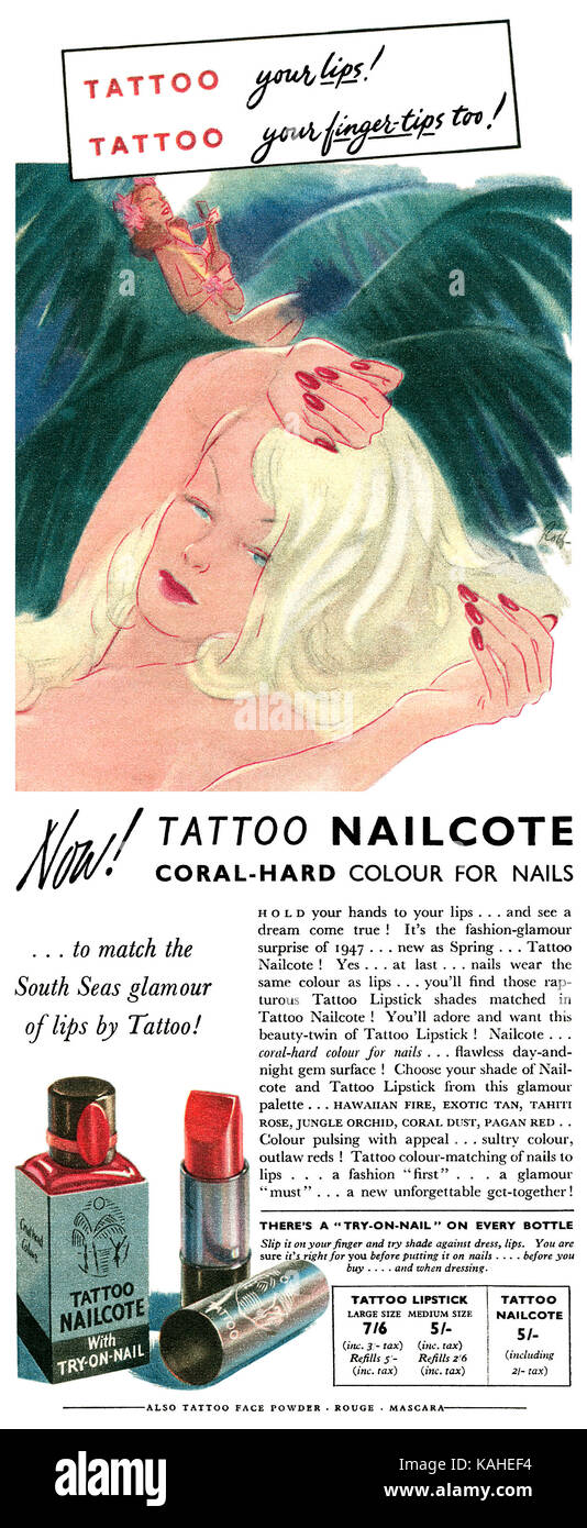 1947 British pubblicità per Tattoo Nailcote smalto per unghie. Foto Stock