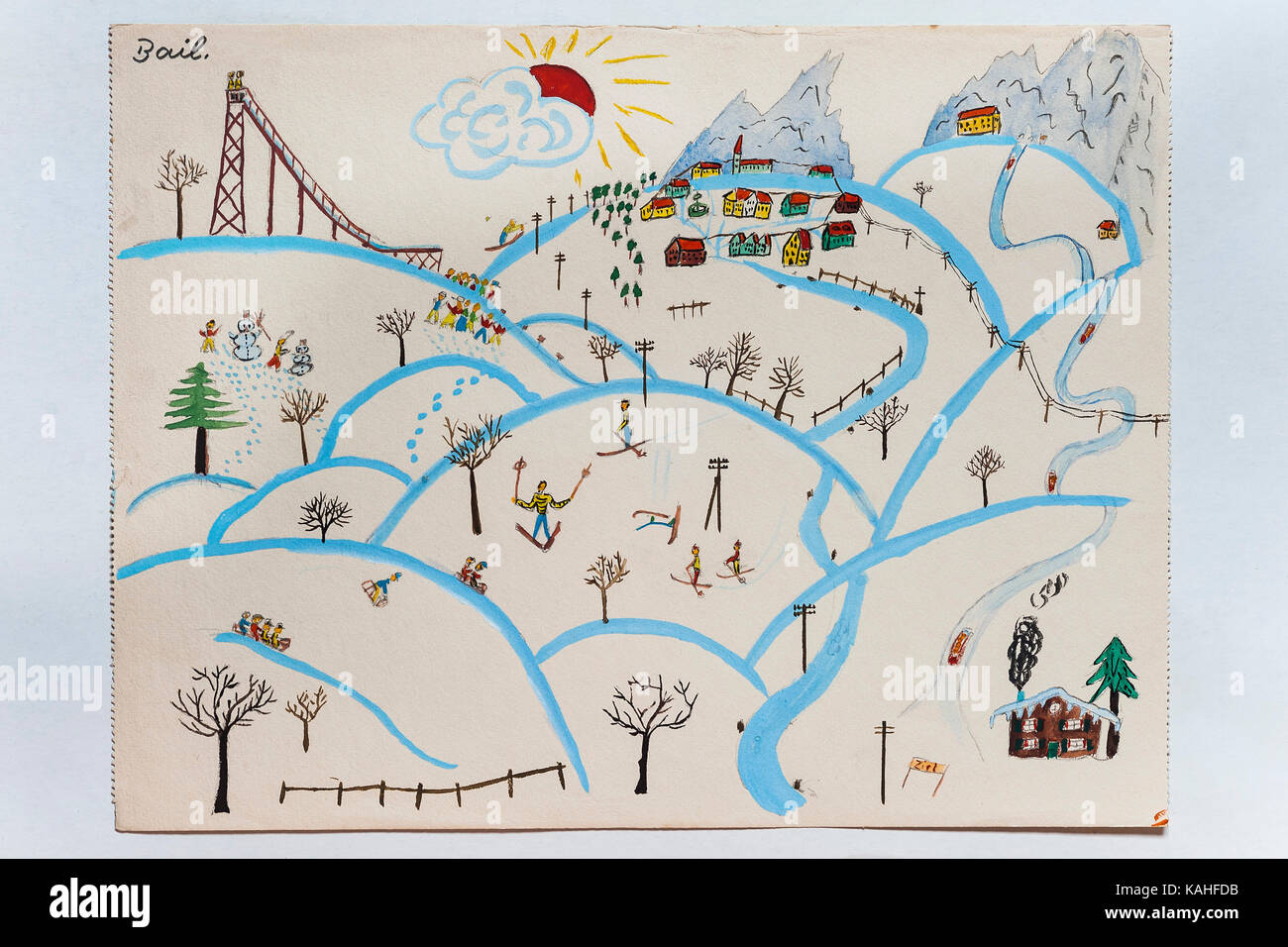 Colline e montagne in inverno, sciatore, disegno bambini, 11 anni, Germania Foto Stock