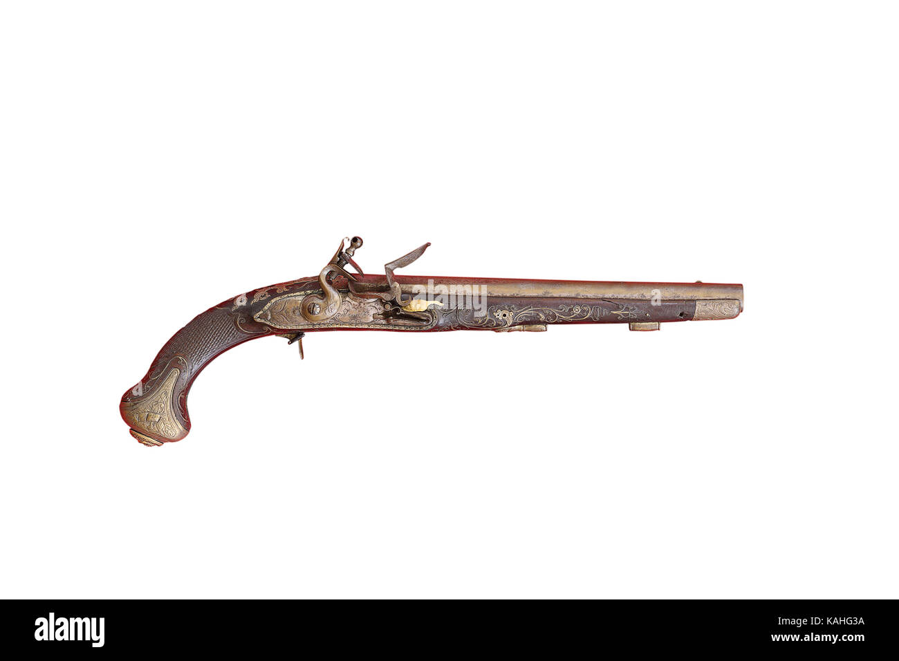 Antica riffle artigianali isolate su sfondo bianco, molto vecchio gun Foto Stock