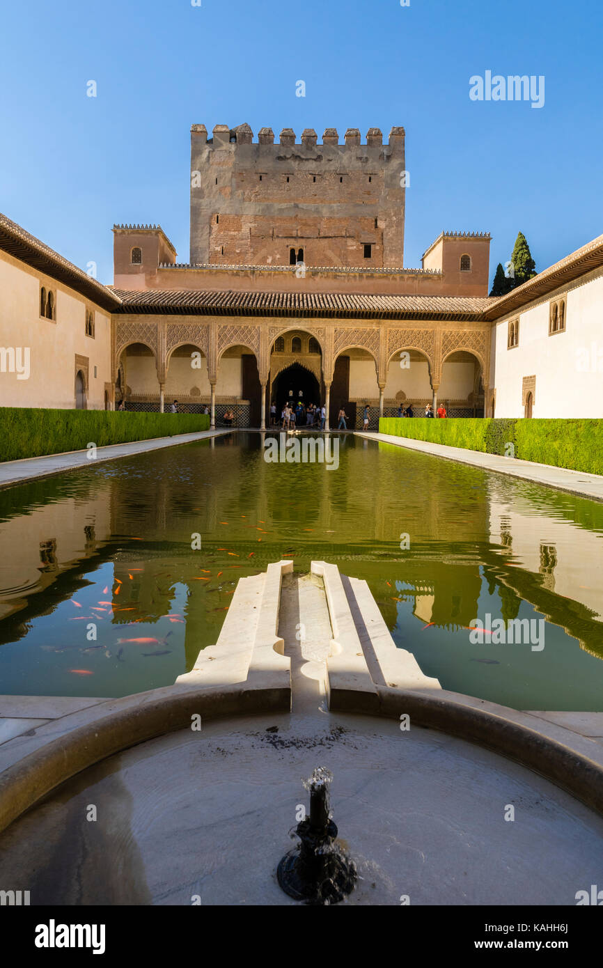 Moresco, Corte dei Mirtles, patio de los Arrayanes, Torre delle Comares, Palazzo delle Comares, Palazzo delle Comares, Palacios Nazaries Foto Stock