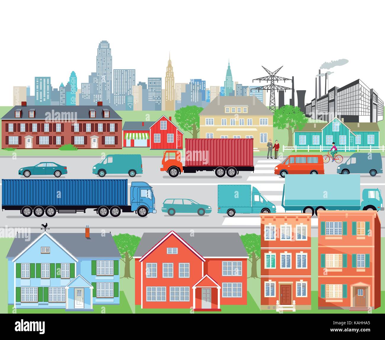 Grande città con i trasporti e il traffico stradale Illustrazione Vettoriale