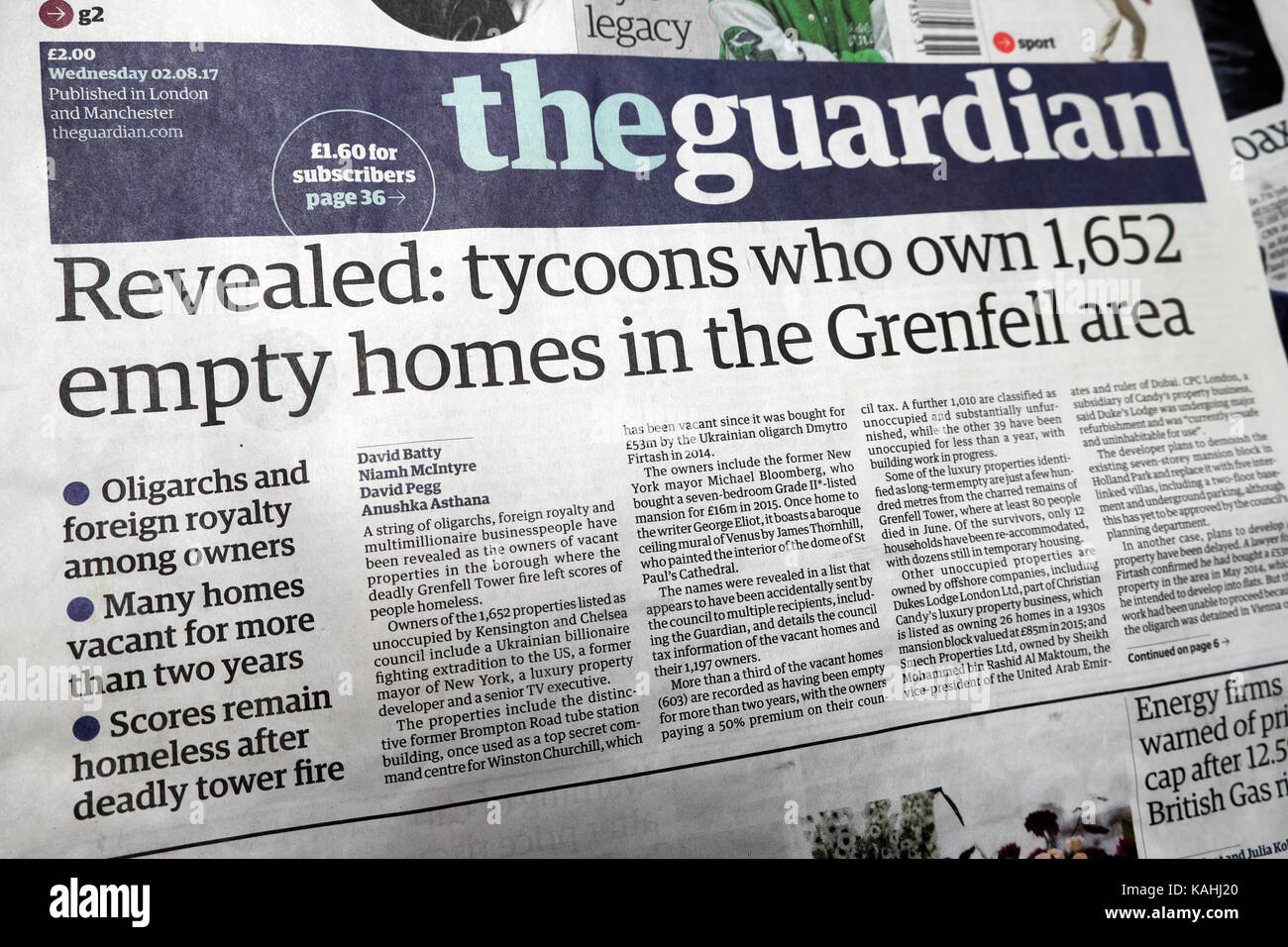 "Ha rivelato: magnati che possiedono 1,652 case vuote nella zona Grenfell' quotidiano Guardian headline 02,08.2017 Foto Stock