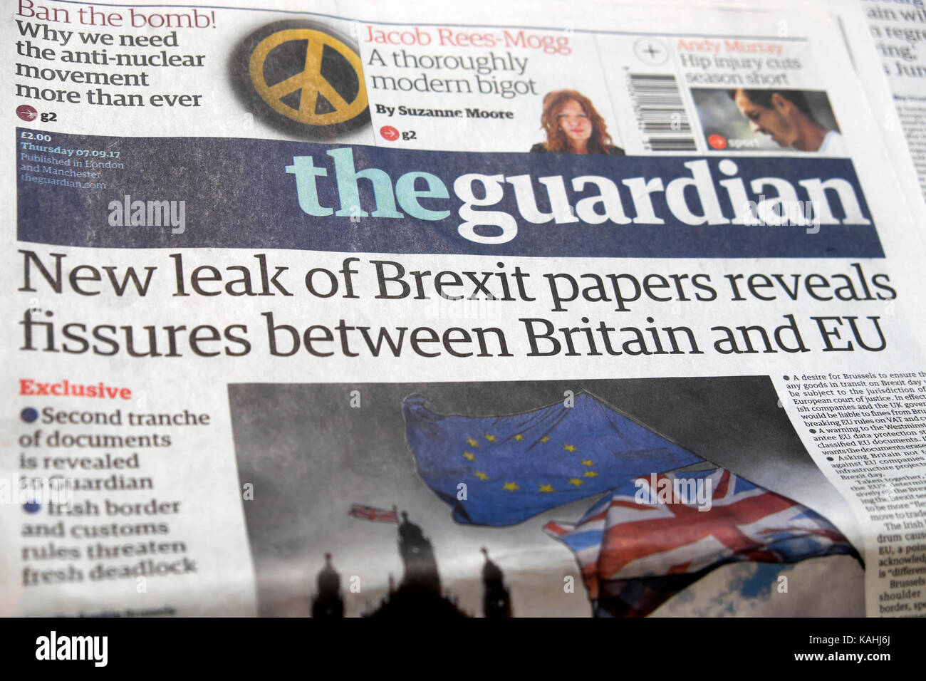 Quotidiano Guardian headline "Nuova perdita di carte Brexit rivela fessure tra la Gran Bretagna e l' UE 2017 Foto Stock