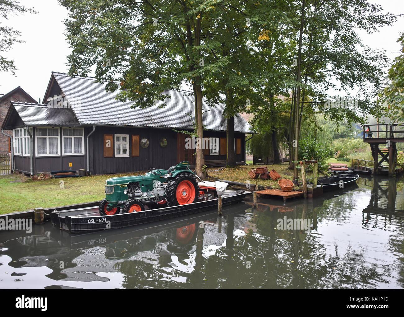 Lehde, Germania. 23 Sep, 2017. un trattore su una spreewald (foresta di Sprea) barge al XXVI festival lehdefest in spreewald villaggio di lehde, Germania, 23 settembre 2017. Credito: Patrick pleul/dpa-zentralbild/zb/dpa/alamy live news Foto Stock