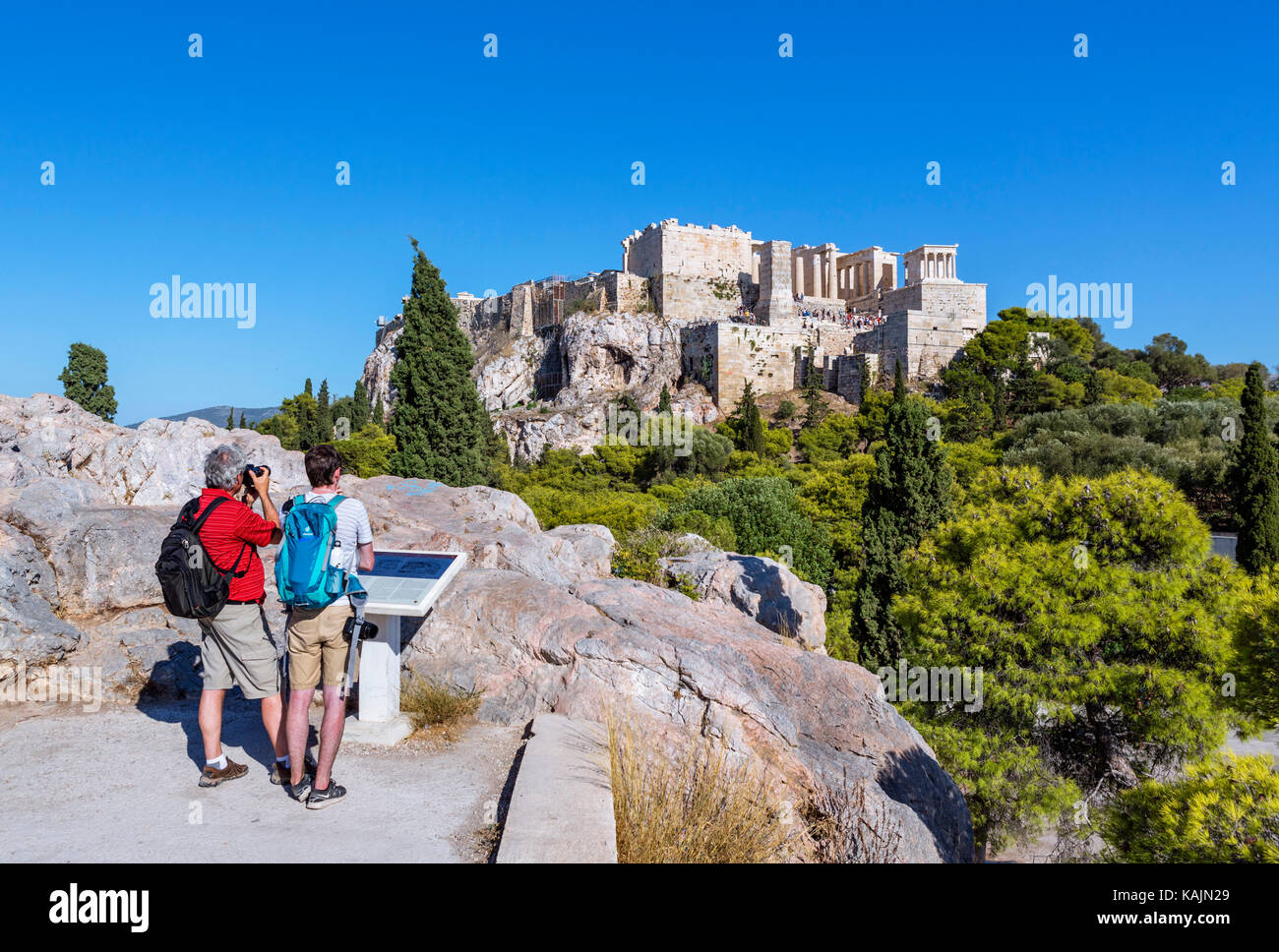 Acropoli di Atene. Vista dell'Acropoli dal areopago Hill, Atene, Grecia Foto Stock