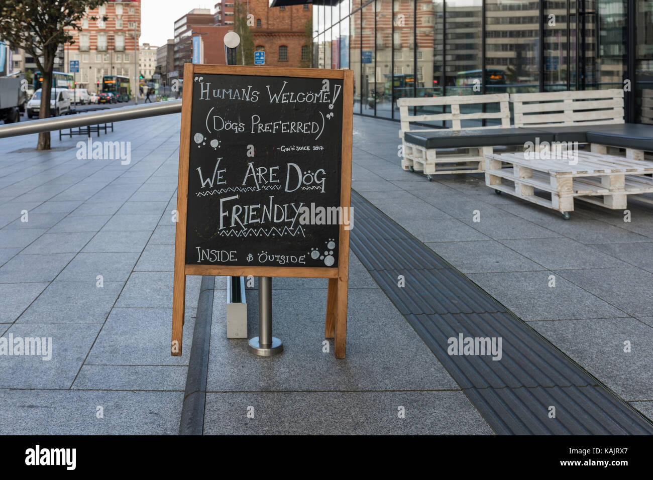 Segno più divertente per il cane friendly cafe bar, gin n' juice cafe' bar, Liverpool, Regno Unito Foto Stock