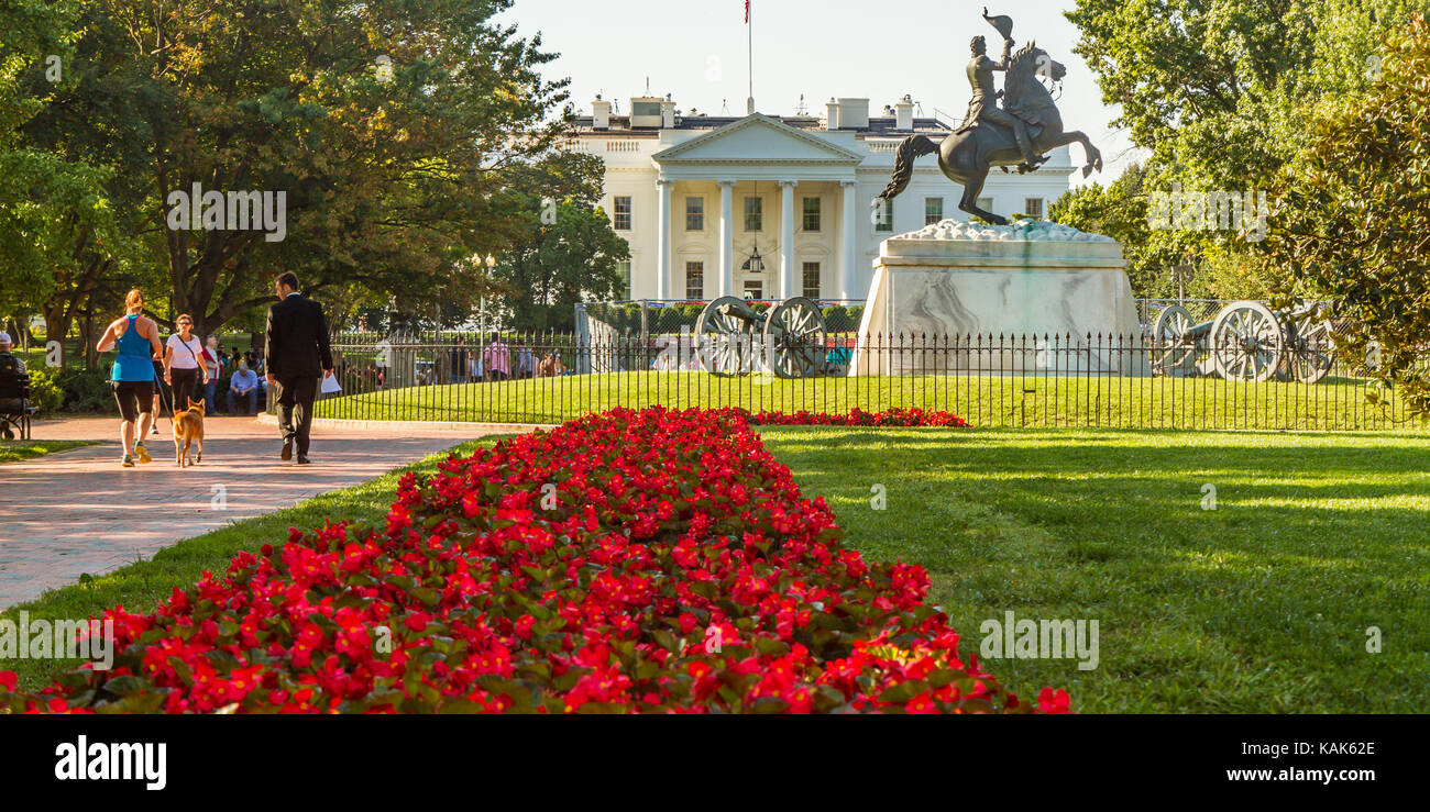 Gente che cammina verso la Casa Bianca a Washington DC con fila di fiori di colore rosso che conduce dalla parte anteriore delle foto alla Casa Bianca. Andrew Jackson statua sulla destra. Foto Stock Gente che cammina verso la Casa Bianca a Washington DC con fila di fiori di colore rosso che conduce dalla parte anteriore delle foto alla Casa Bianca. Andrew Jackson statua sulla destra. Foto Stock