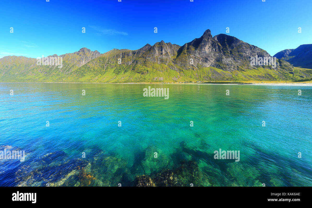 Mare di Norvegia con acqua color smeraldo. famoso posto sulla isola di senja ersfjord beach. bellissima natura della Norvegia in estate una giornata di sole. Foto Stock