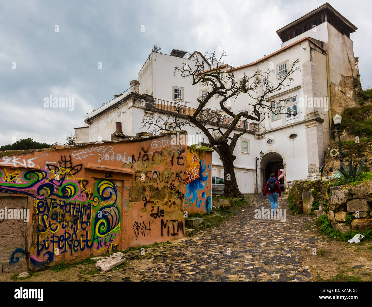 Graffiti in vicoli di Lisbona, Portogallo Foto Stock