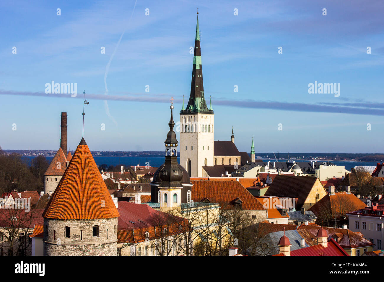 Viste di tallinn, Estonia, dalla collina di Toompea, con san dell'OLAF chiesa in background Foto Stock
