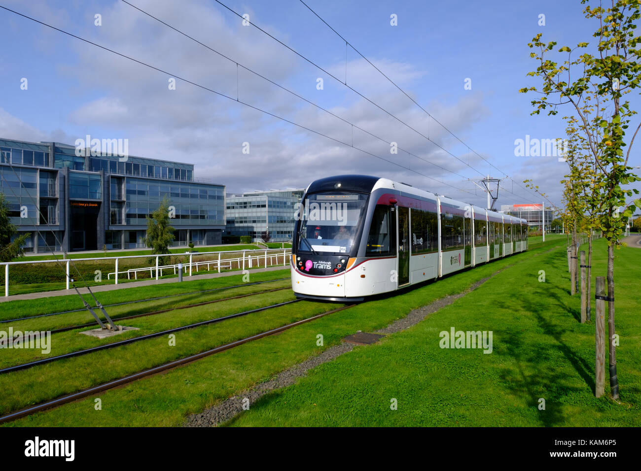 Il tram passa attraverso il parco di Edimburgo di un moderno business park a South Gyle ad Edimburgo, Scozia, Regno Unito. Foto Stock