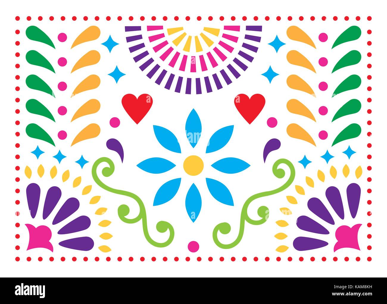Arte popolare messicana di disegno vettoriale, design colorato con fiori ispirato dalla tradizionale forma d'arte messico Illustrazione Vettoriale